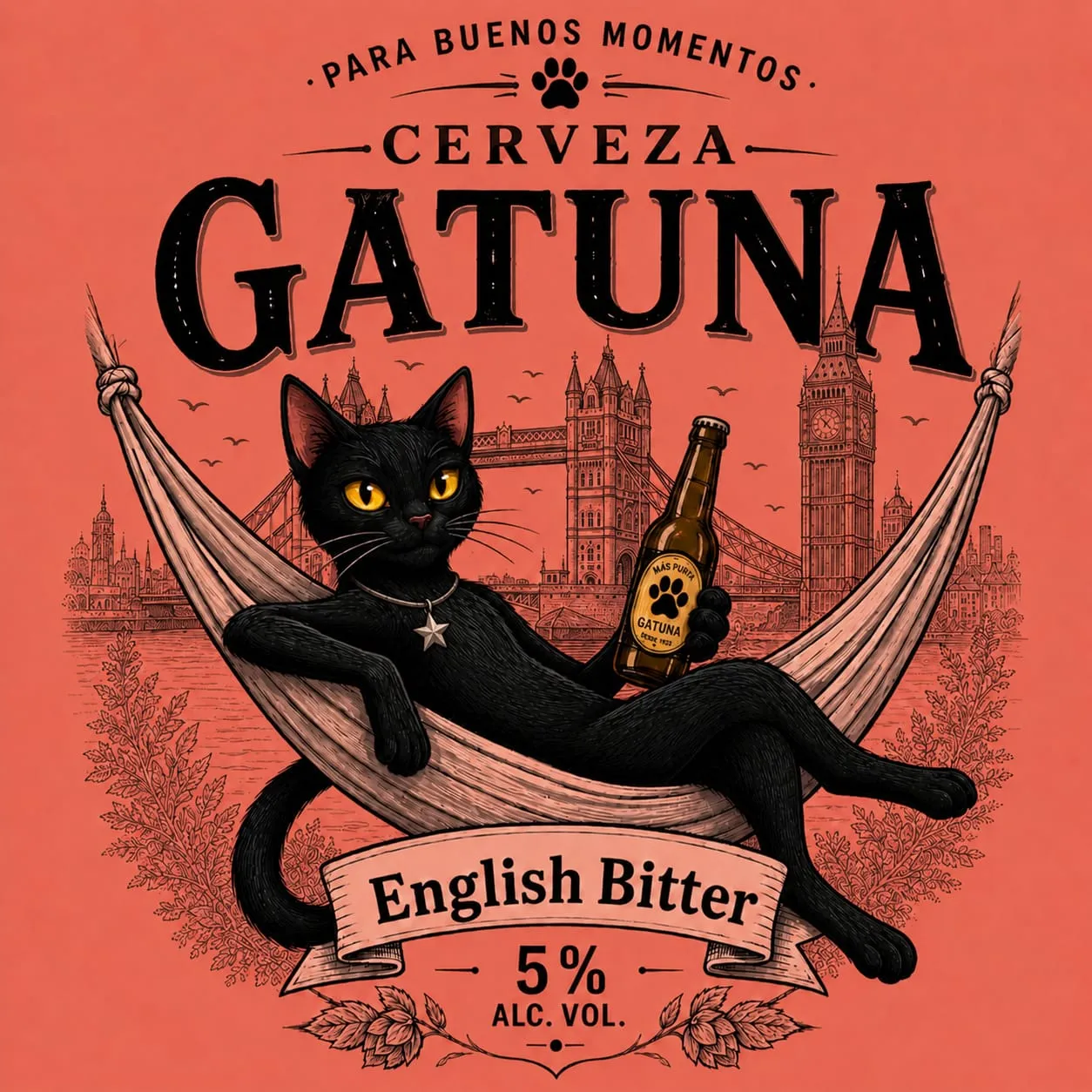 Etiqueta de la English Bitter: sobre fondo coral, el gato negro se hamaca frente al Tower Bridge y el Big Ben dibujados a línea.