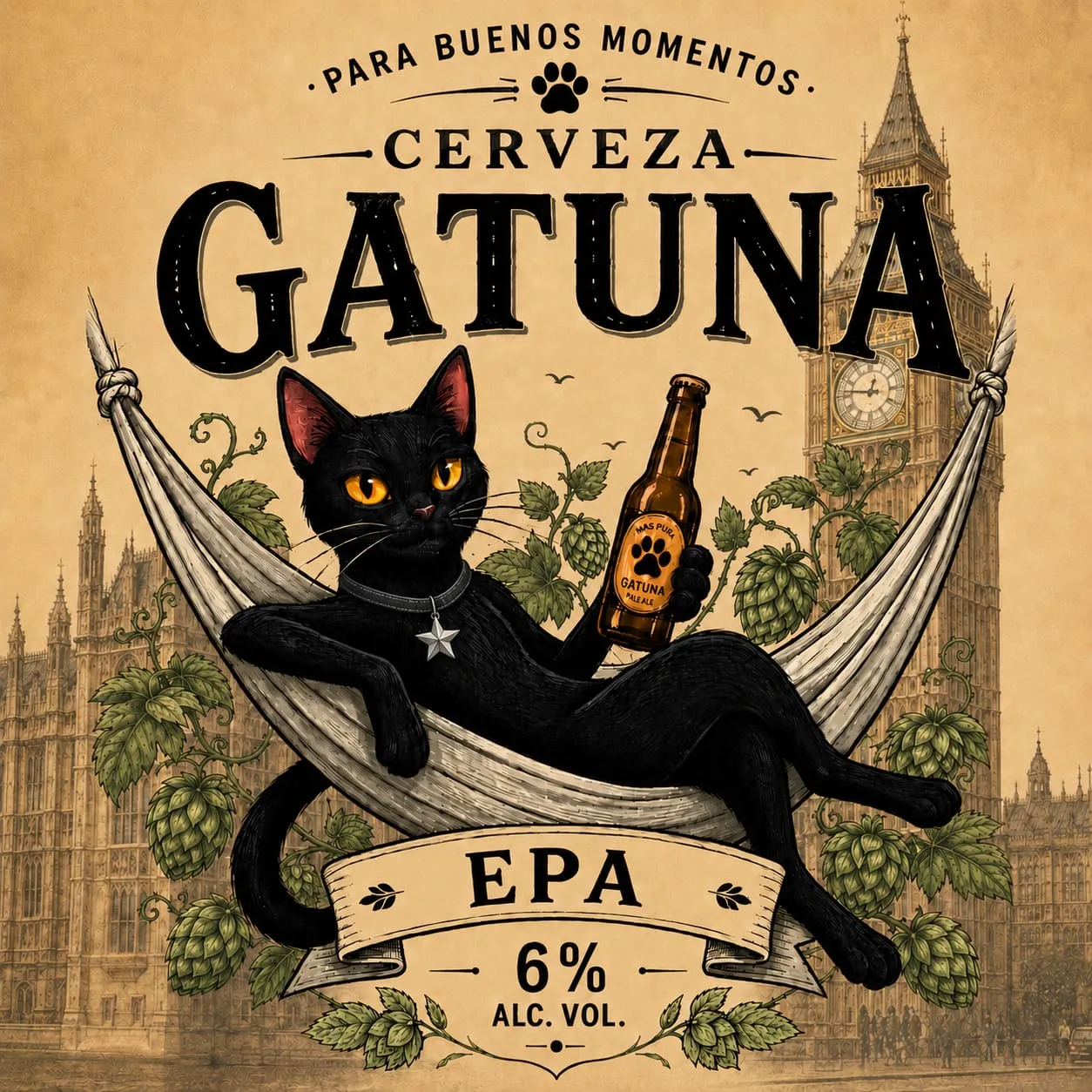Etiqueta de la English Pale Ale: sobre papel color crema, el gato negro se hamaca entre flores de lúpulo, con el Big Ben al fondo.
