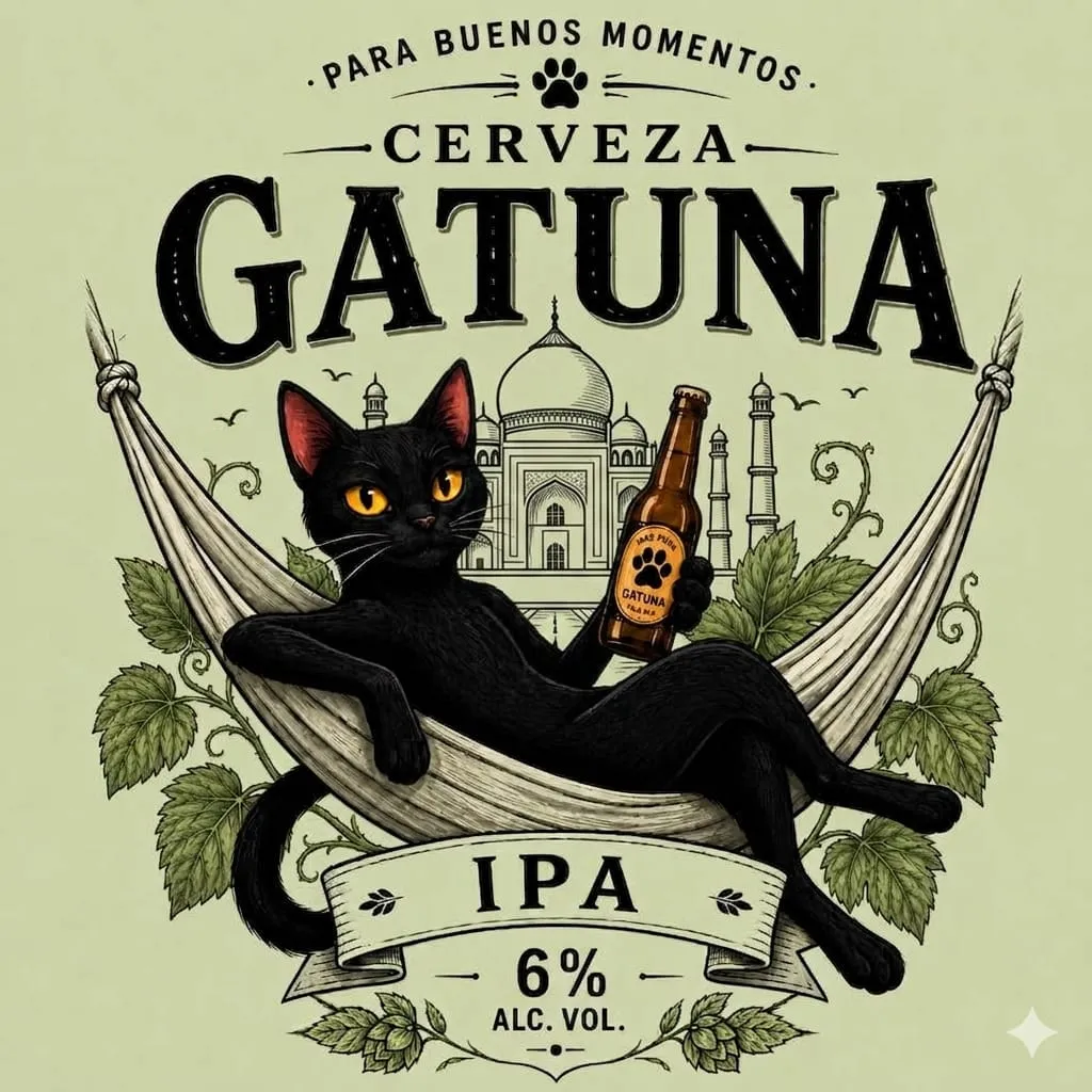 Etiqueta de la IPA: sobre fondo verde claro, el gato negro de Gatuna descansa en una hamaca con una botella en la mano, entre guías de lúpulo y la silueta del Taj Mahal.