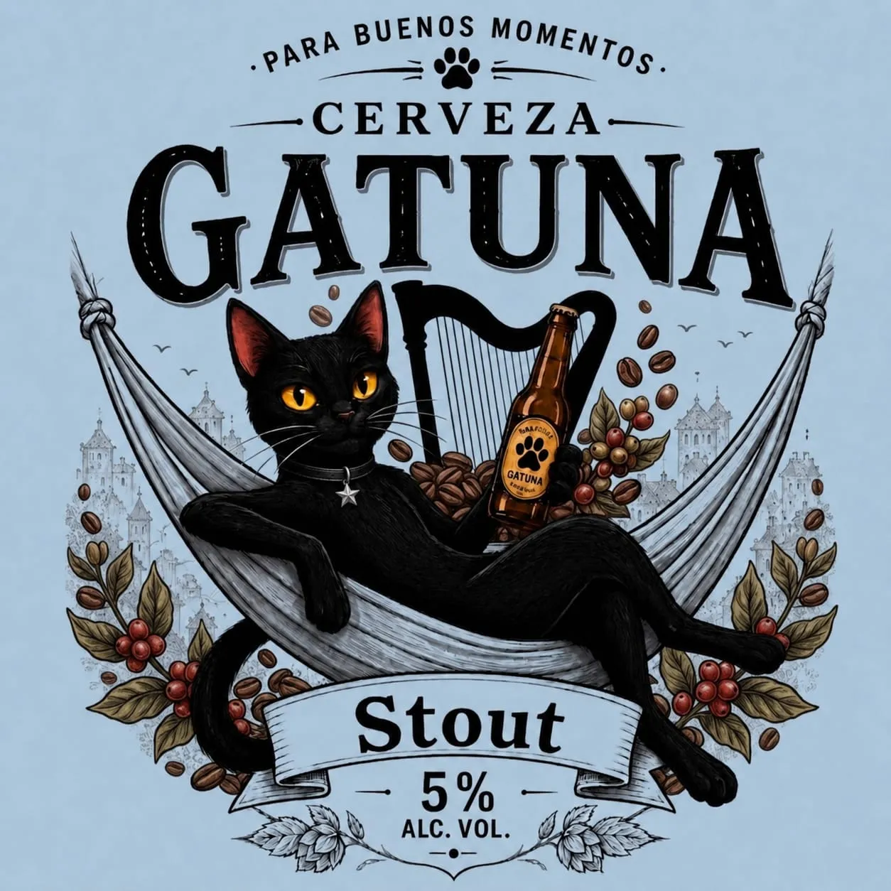 Etiqueta de la Stout: sobre fondo celeste, el gato negro se hamaca junto a un arpa irlandesa, rodeado de granos y ramas de café.