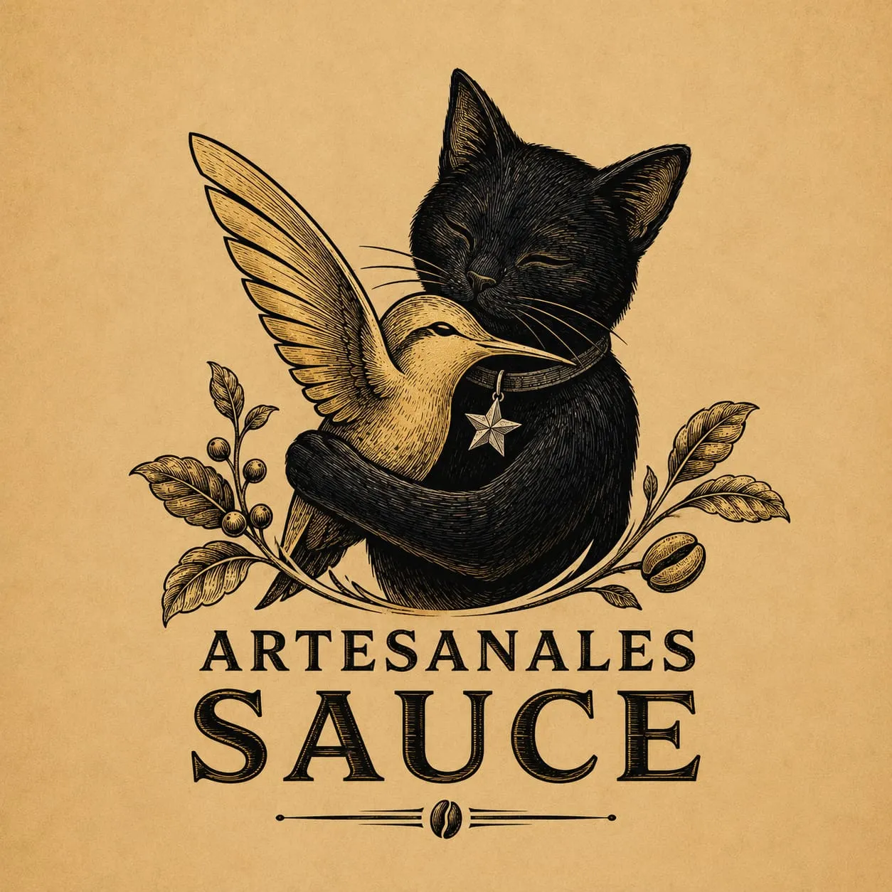 Emblema de Artesanales Sauce: un gato negro con collar y estrella abraza a un colibrí dorado, entre ramas de café, grabado sobre papel kraft.
