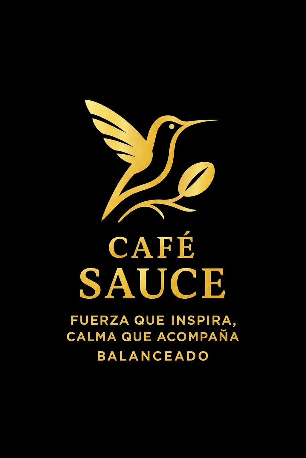 Logo de Café Sauce: un colibrí dorado con un grano de café entre las alas, sobre fondo negro, bajo el lema “Fuerza que inspira, calma que acompaña”.